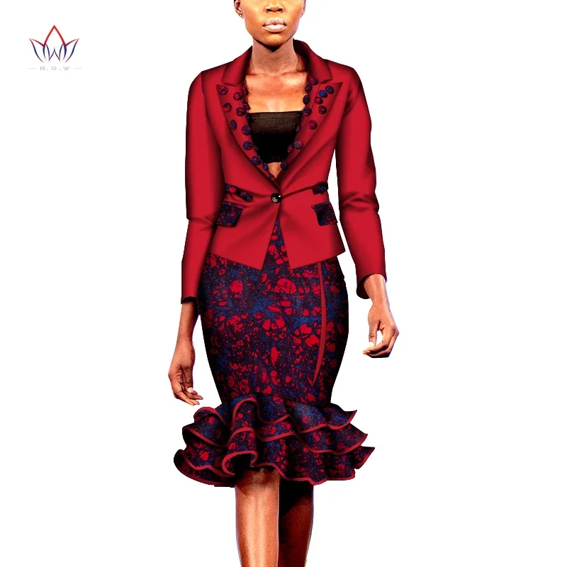 Bintarealwax Women Africa Two Piece Set Casual Jacket Blouses & Knee Length Skirt Female Business Formal Skirt Suit Sets WY7352