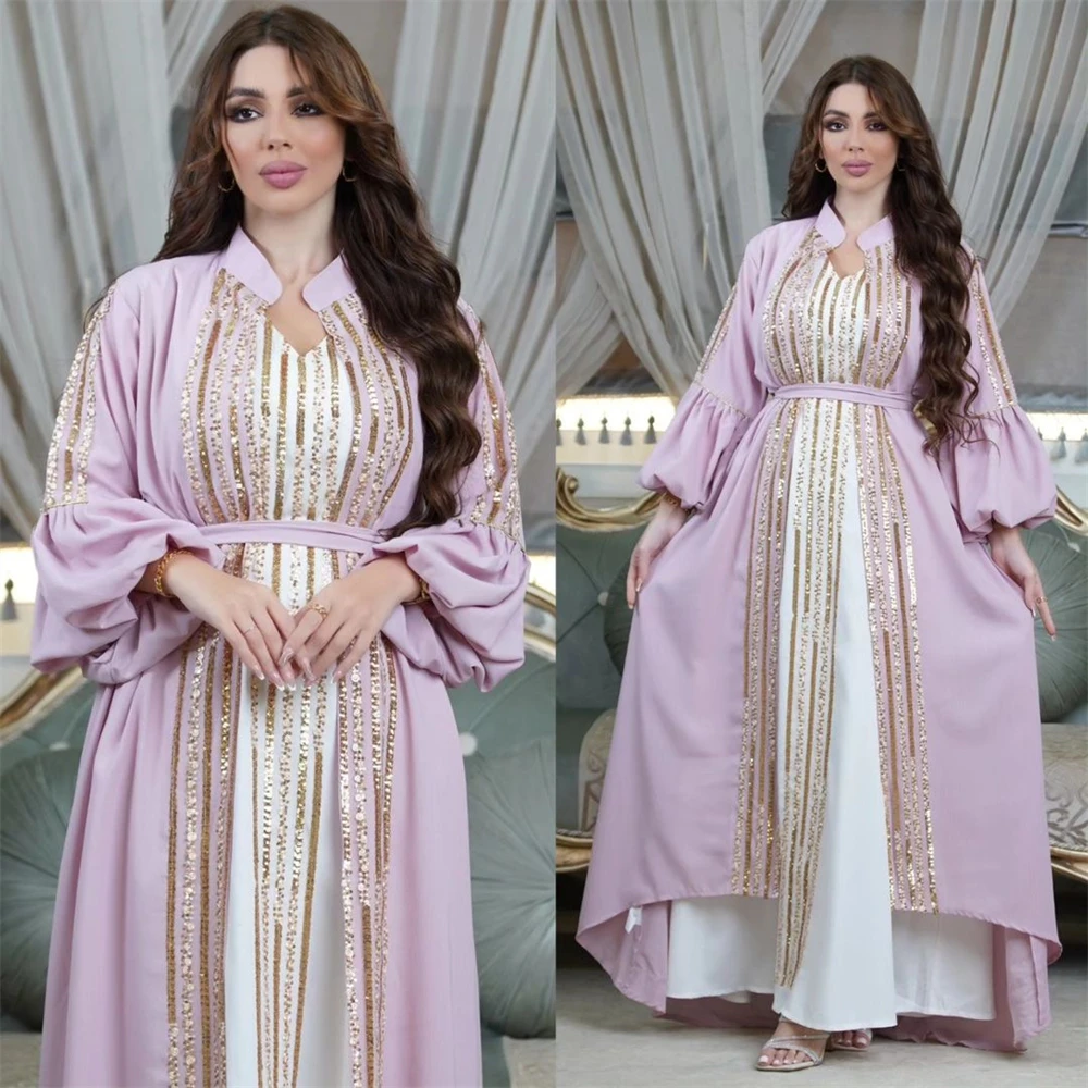 

Sequins Abaya Women Muslim 2 Pieces Dress Puff Sleeve Kimono Jalabiya Arabic Robe Dubai Kaftan Eid Turkey Gown Set Djellaba Suit