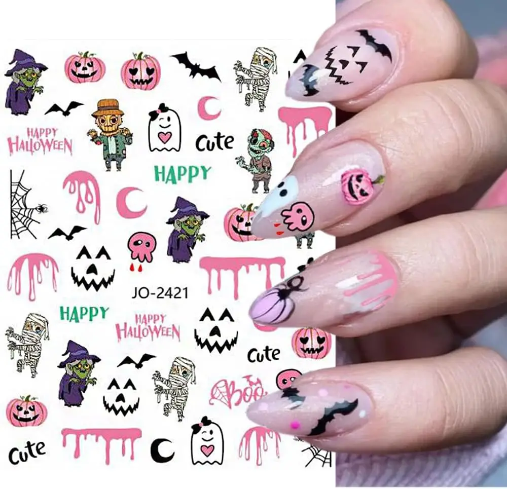 Adesivos para unhas fantasma rosa de Halloween – Decalques DIY para arte em unhas com designs assustadores: esqueletos, morcegos, fantasmas rosa e teia de aranha