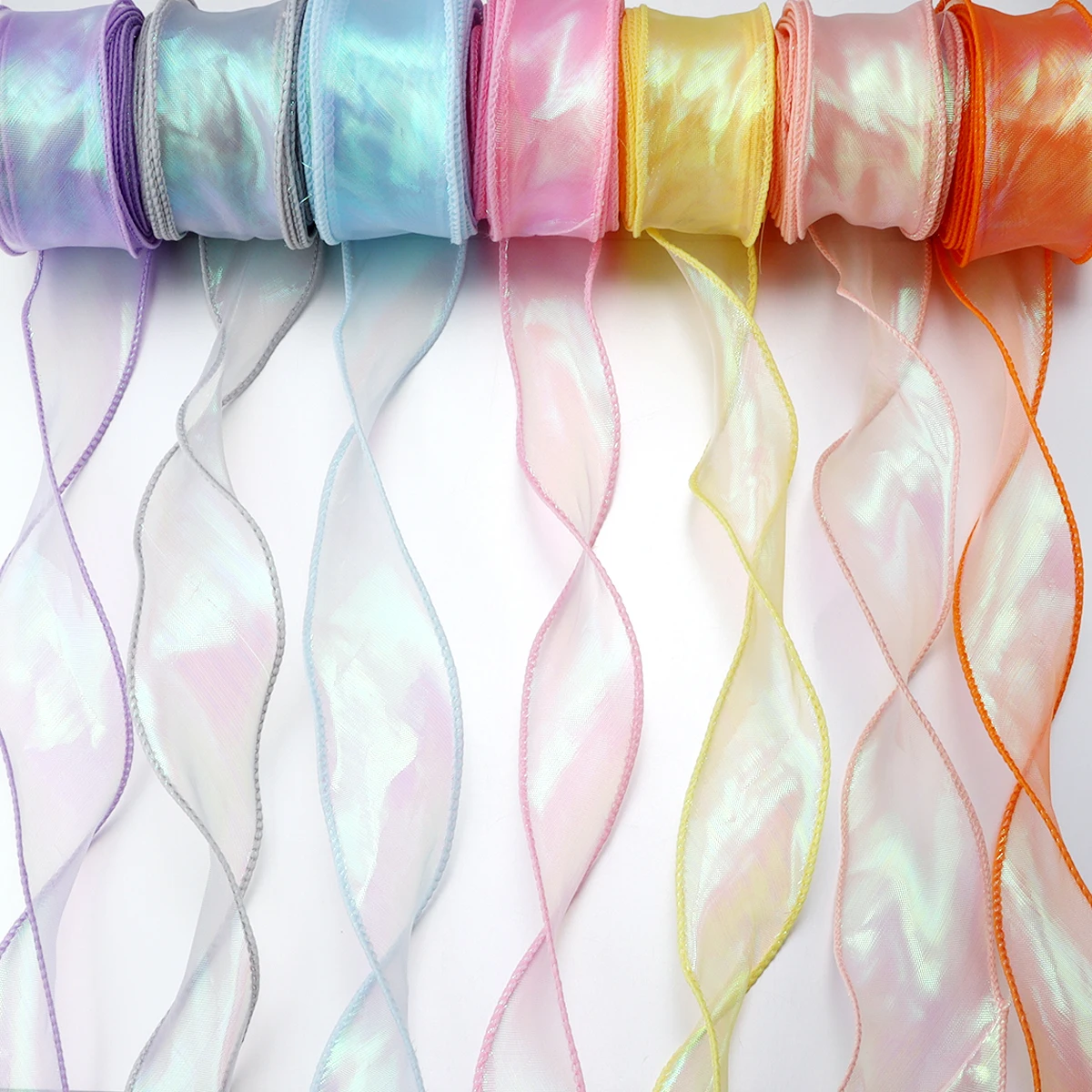 5Yards 4cm Fishtail Organza Ribbon Reflective Iridescent Wavy Edge Ribbon for Gift Wrapping DIY Bow Bouquet Voile Ribbons