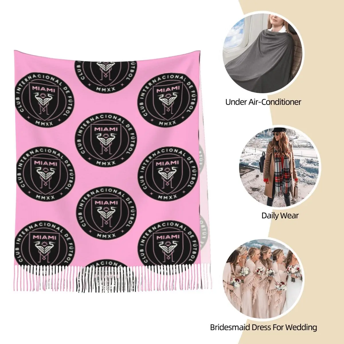 Miami Inter Miami Logo ผ้าพันคอพู่ผ้าพันคอผู้หญิง Soft Warm Shawls และ Wraps ขนาดใหญ่ฤดูใบไม้ร่วงฤดูหนาว Shawl Wrap