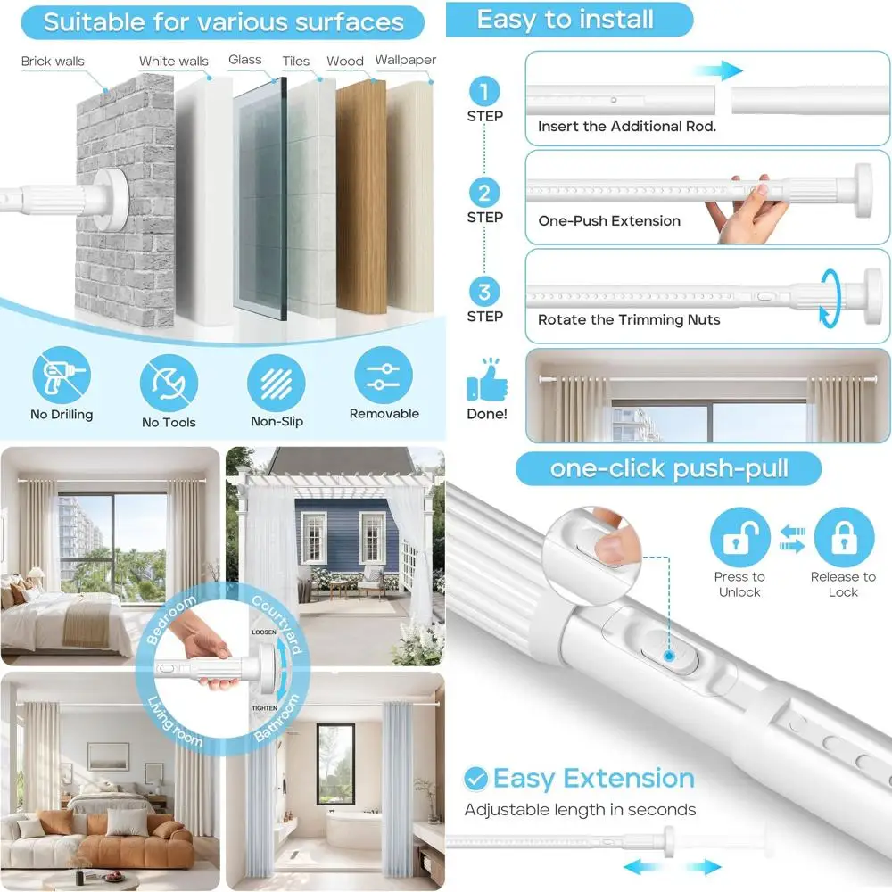 

41-126 Inch Adjustable Tension Shower Curtain Rod, No Drilling Required, Suitable for Outdoor or Indoor Use, White Finish
