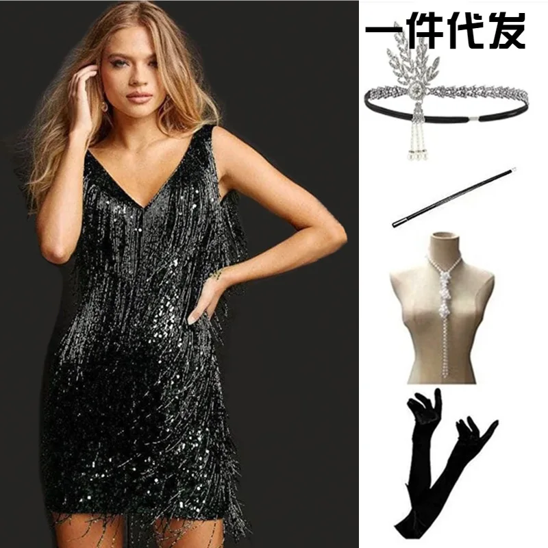 5pc/Set Sexy Deep V BlingTassel Dress with Jewelry set Woman Nightclub Dancer Bar Girl Mini Grass Dress Stage Show Costume