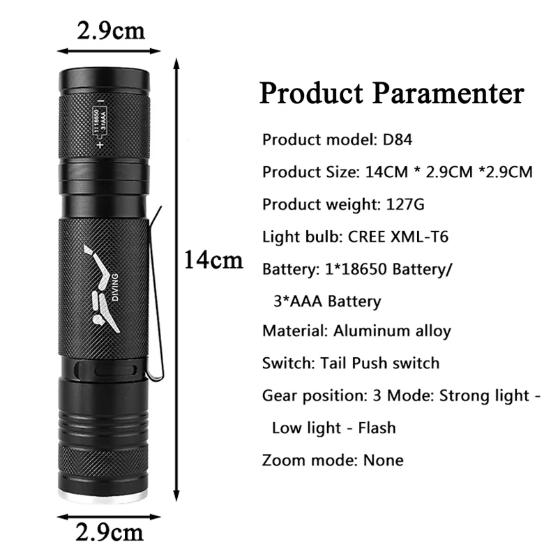 Z20D84 LED Diving Flashlight Waterproof Portable Lantern Lamp 18650 Battery Torch Bulbs for Swimming XM-T6 Underwater 80m