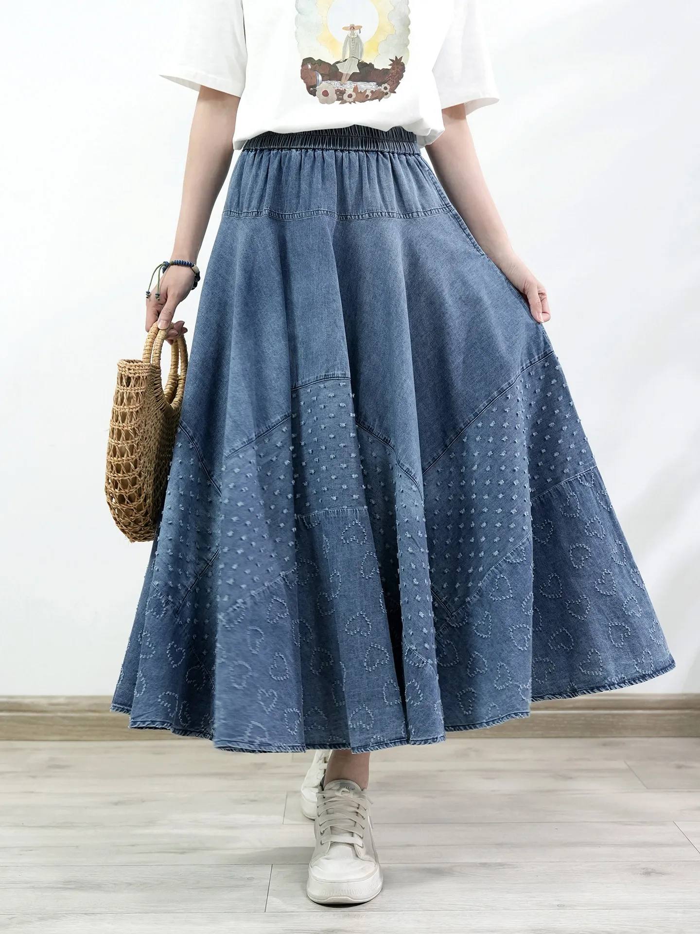 TIYIHAILEY Denim Maxi Skirt Spring Summer Casual A-Line Long Elastic Waist Distressed Ripper Blue Jean 2026 New Heart Big Hem