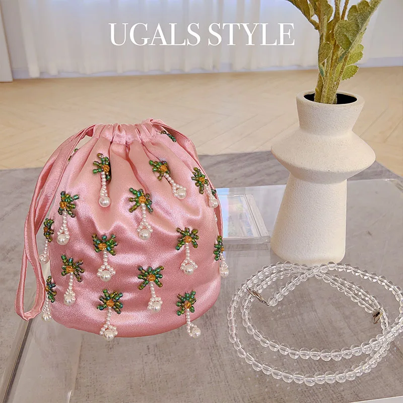 New Trendy Satin Drawstring Hobo Bag Women's Handbag Pearl Beading Bucket Purse Wedding Party Evening Bag Shoulder Crossbody Bag