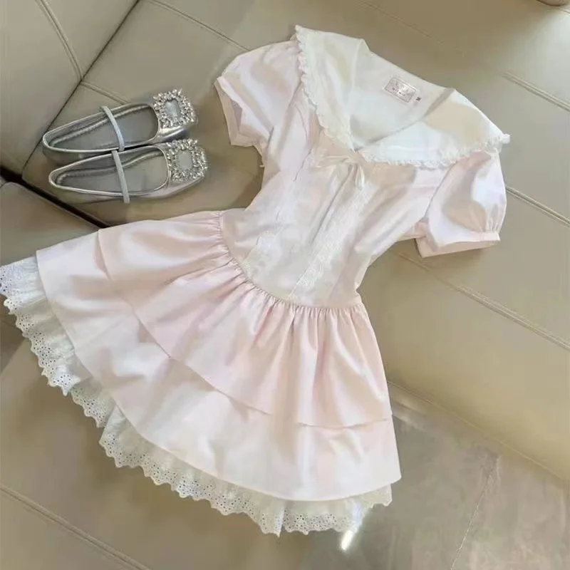 Sweet SAILOR COLLAR Slim ผู้หญิงชุดลูกไม้ Kawaii แขนสั้น Fluffy ชุดใหม่ Harajuku แฟชั่น Fairy เสื้อผ้าฤดูร้อน 2025