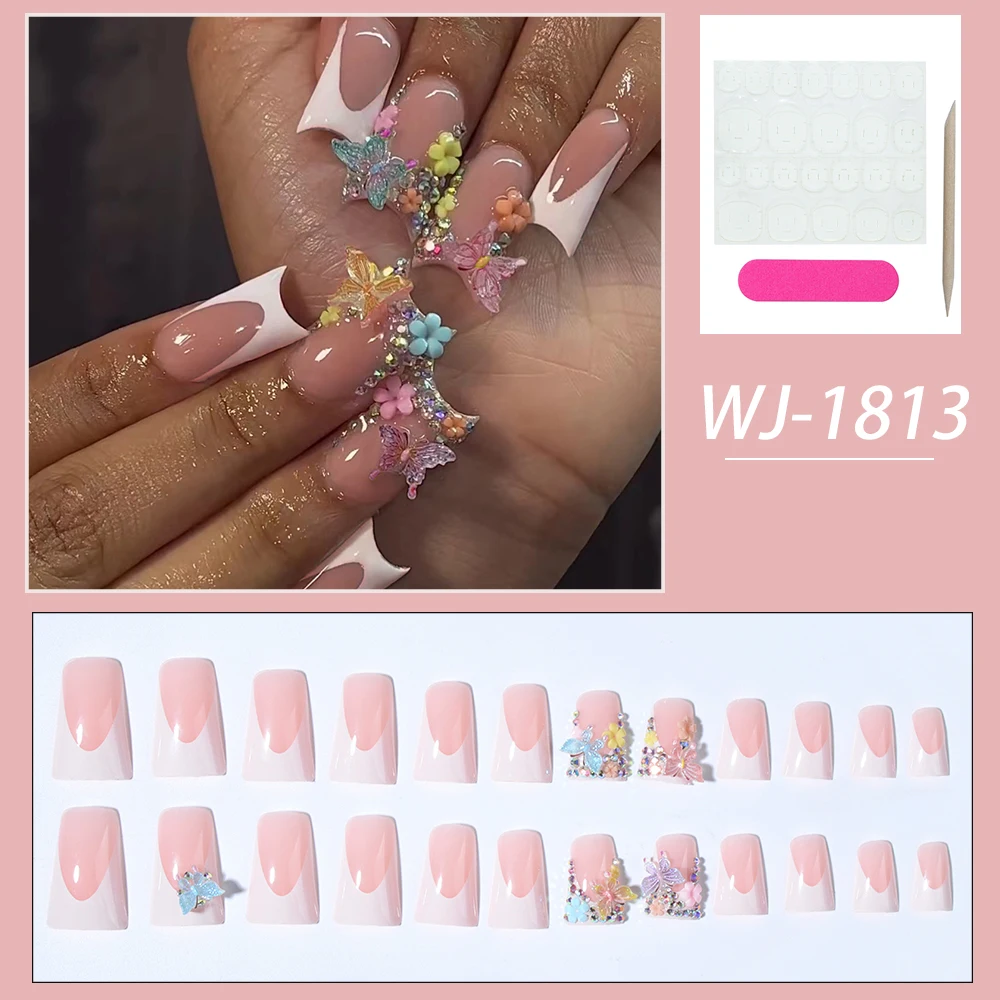 24pcs medium false nails fashion nail art decoration, color 3D butterfly flower design of white French duck feet，press on nails