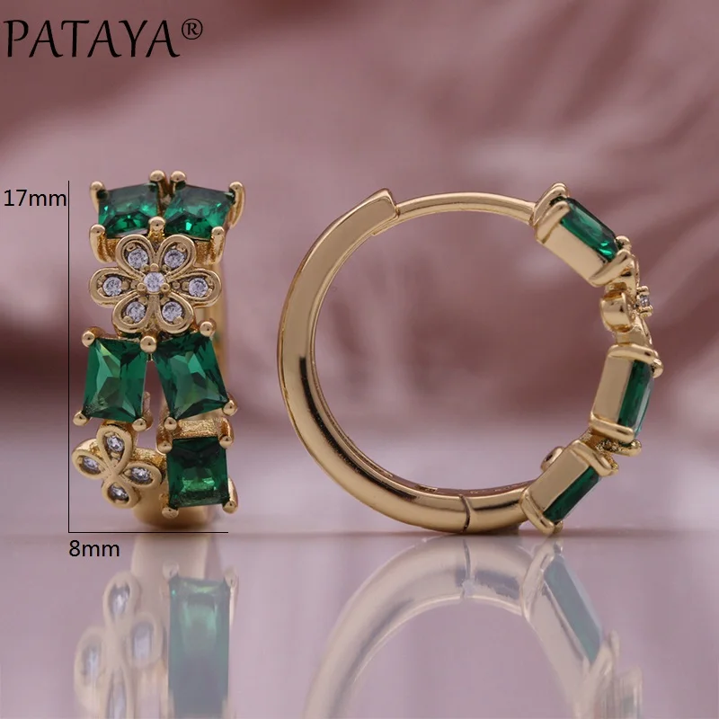 PATAYA Hot Green Natural Zircon Earring For Women Champagne Gold Color Vintage Wedding Jewelry Earrings