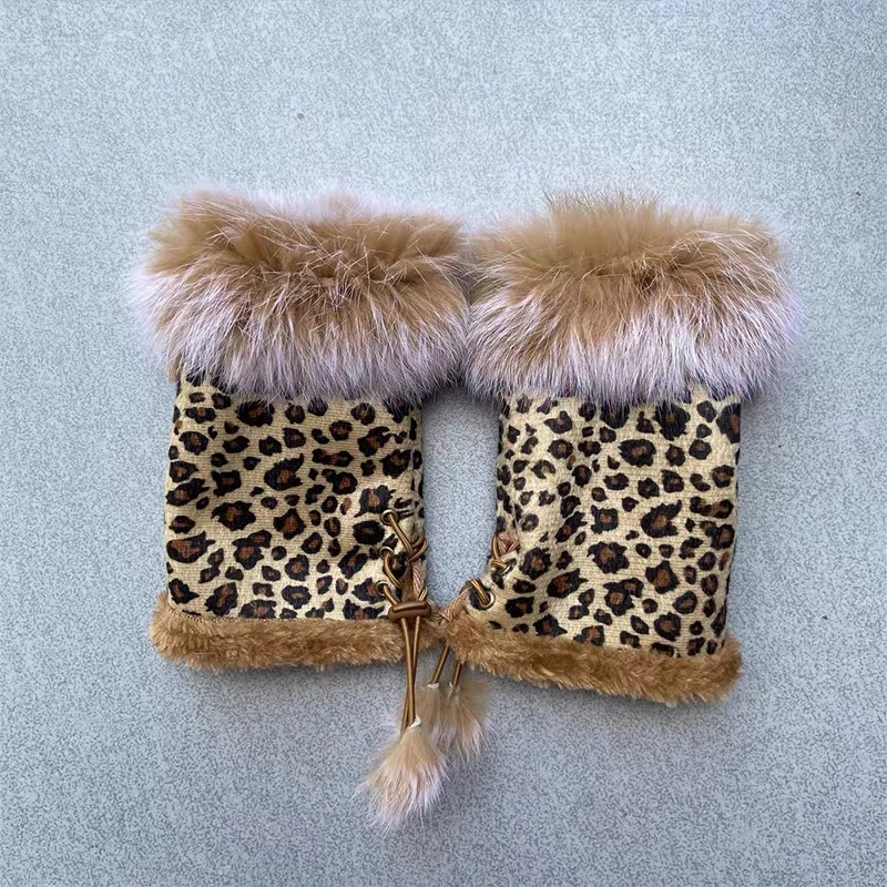 Koreanische Wildleder Halbfinger Leopard Handschuhe Einstellbare Design Kaninchen Haar Handschuhe Y2K Frauen Winter Gepolsterte Verdickte Outdoor Reiten