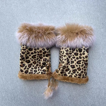 Koreanische Wildleder Halbfinger Leopard Handschuhe Einstellbare Design Kaninchen Haar Handschuhe Y2K Frauen Winter Gepolsterte Verdickte Outdoor Reiten