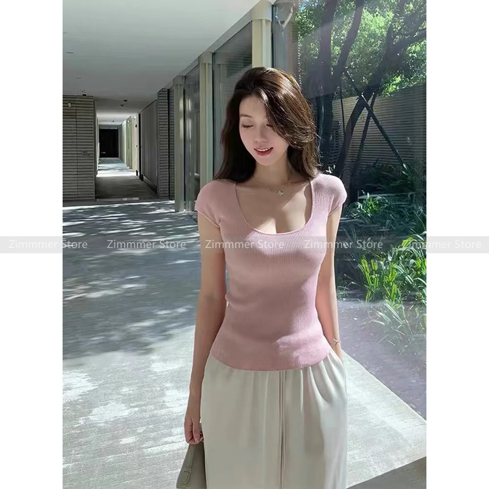 

Pink knitted u collar short-sleeved T-shirt female 2024 summer Korean Slim thin temperament blouse bottoming shirt