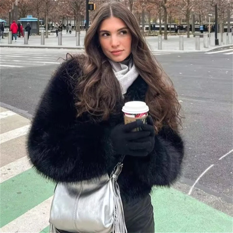 レディースフェイクフォックスファーコート ブラック 無地 ショートファージャケット ターンダウンカラー 長袖 オープンステッチ ルーズ カジュアル 秋冬