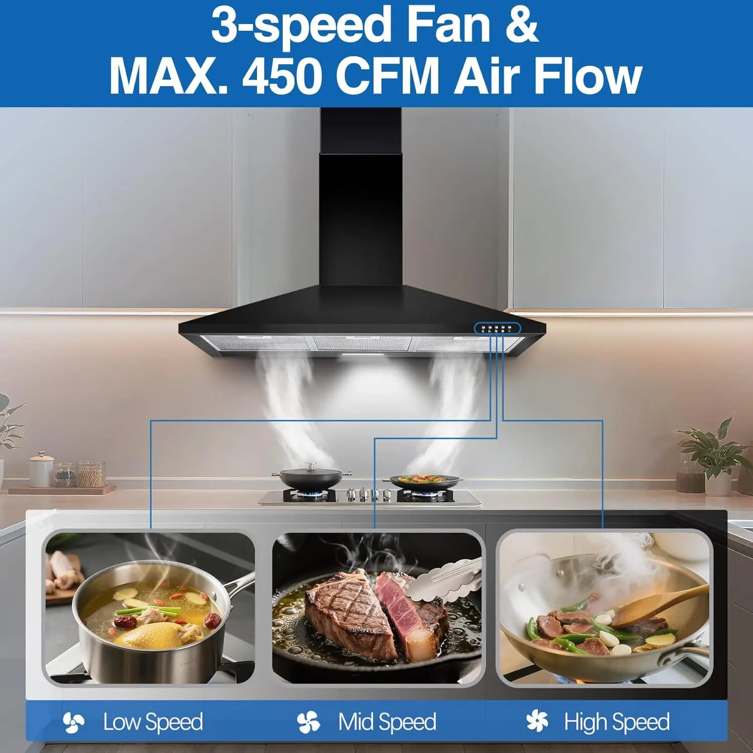 غطاء محرك السيارة 36 بوصة غطاء فتحة تهوية أسود مع 450CFM 3 سرعات مجاري الهواء مرشحات شبكية قابلة للتحويل زر التحكم لغطاء الموقد #2