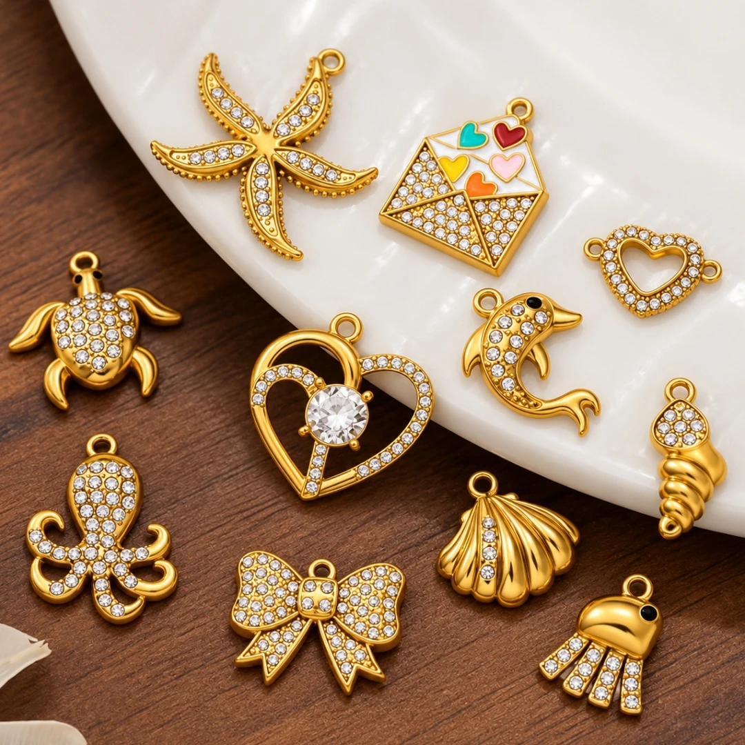 2pcs Stainless Steel Ocean Animal Charms for Bracelet Gold Plated White Crystal Heart Octopus Pave CZ Charms For Jewelry Making
