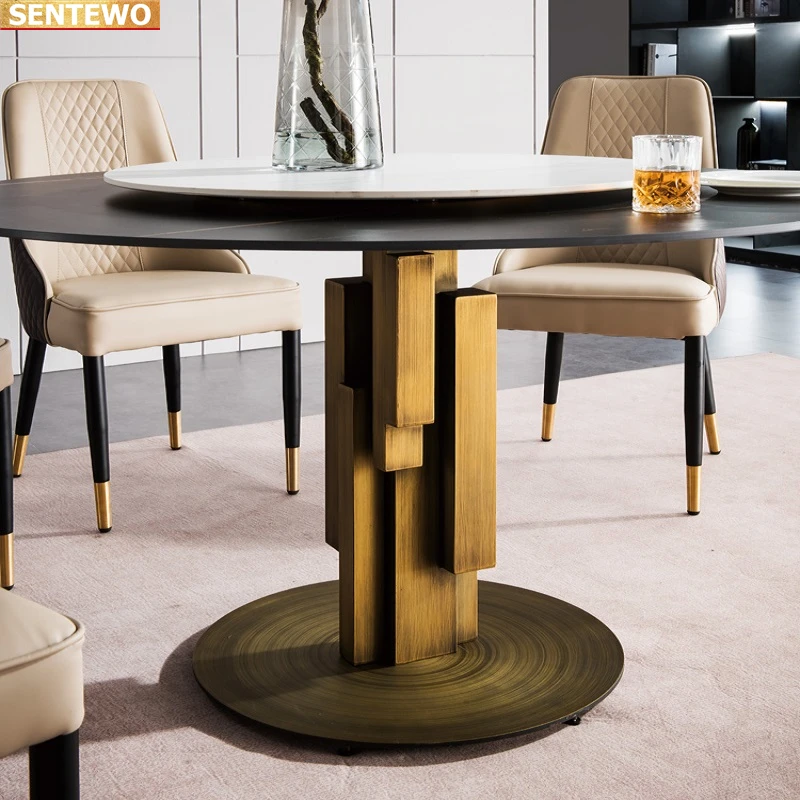 Designer Luxury round dinning Marble Rock Slab dining table set 4 chairs tablo furniture meuble marbre Stainless steel gold base