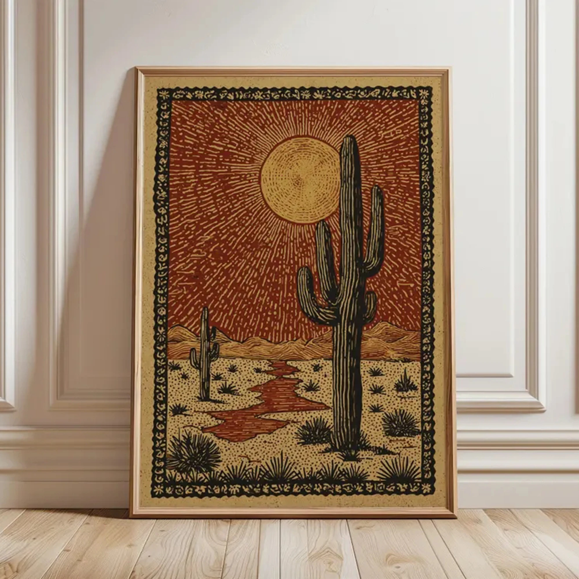 Rustic Southwest Desert Cactus Sun Wall Art Print Canvas Painting Poster Picture For Living Room,Bedroom Home Decor