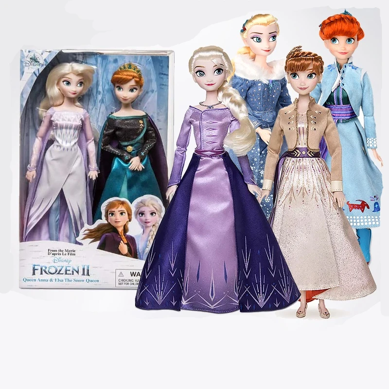 Original Disney store 2pcs/set Frozen 2 Snow Queen Elsa and Anna Classic princess Doll Figure toys For Children Christmas gift