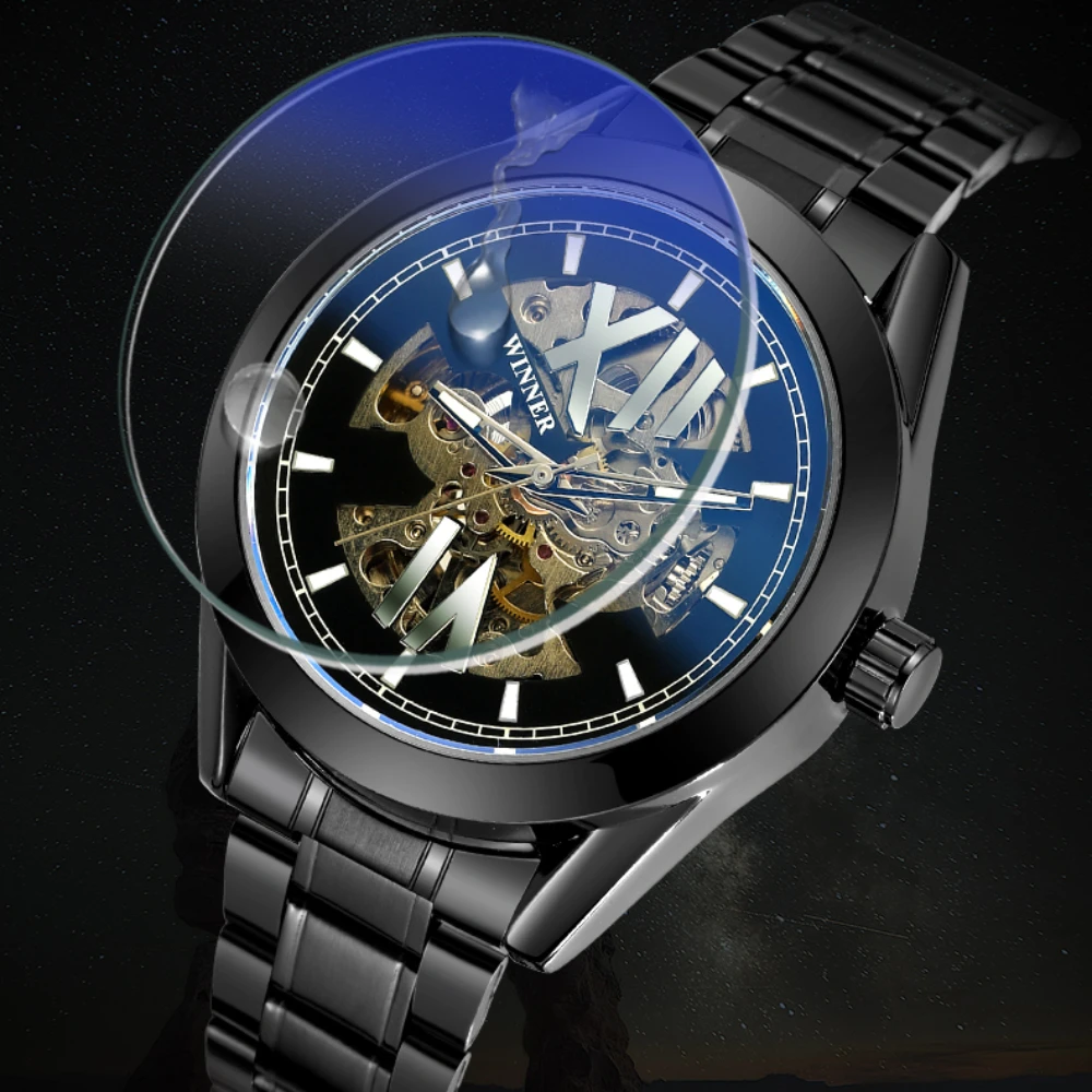 Luxury Brand New Automatic Watches Men\'s Fashion Blue Mirror Case Watch Stainless Steel Strap Black Wristwatch Reloj Hombre