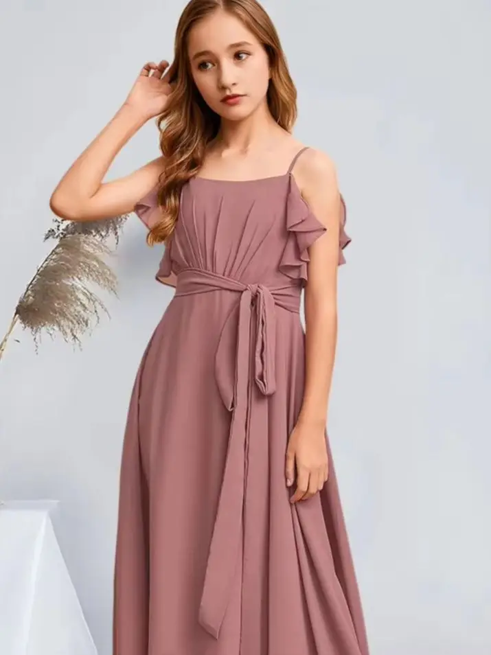 WMP Kids A-Line Square Floor-Length Chiffon Junior Bridesmaid Dresses Desert Rose Beautiful Flower Girl Dress Party Wedding Kid