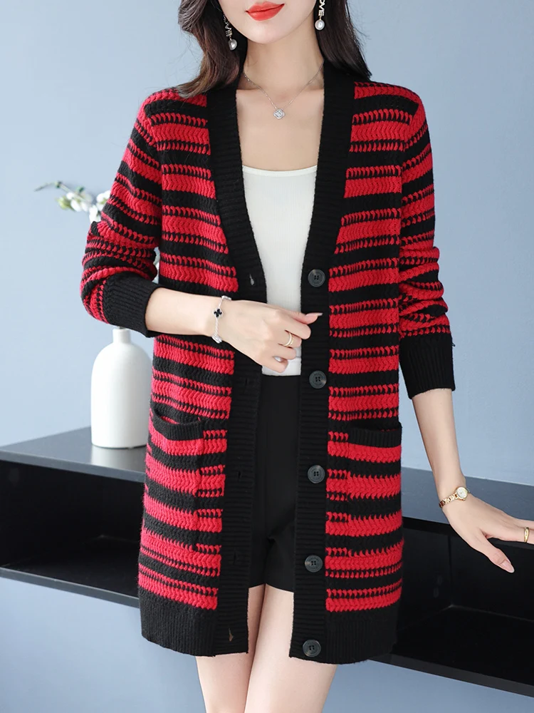 Stripe Cardigans Sweaters Women  Autumn Spring Long Sleeve Knitted Coat Harajuku Single-breasted Sweater Cardigan