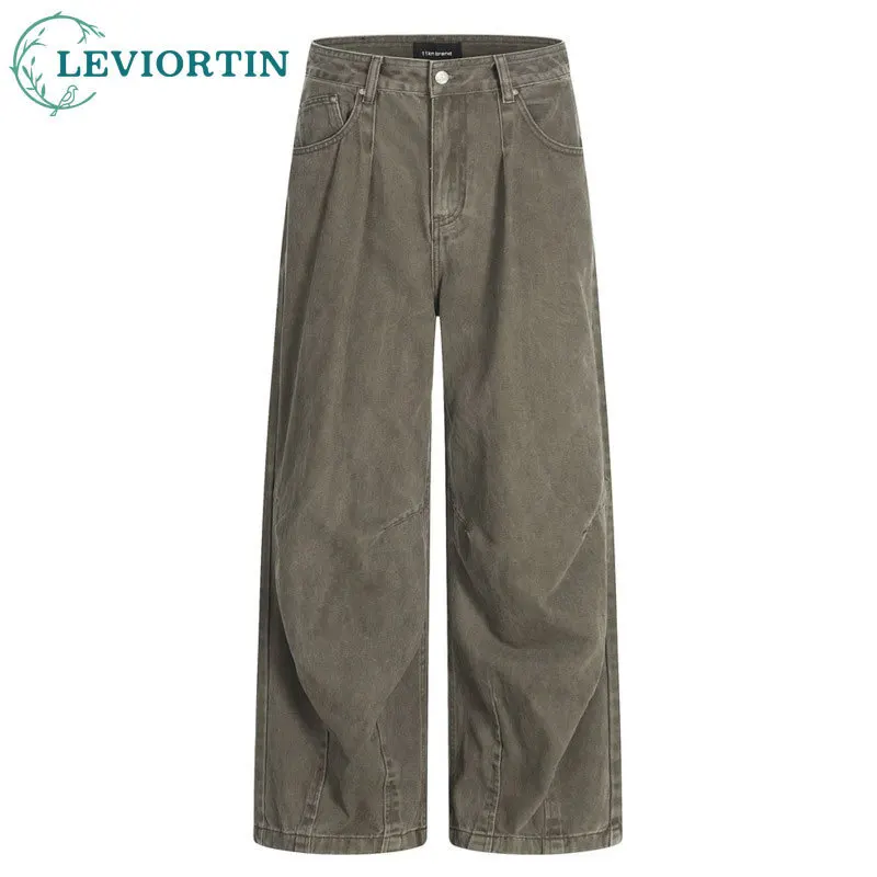 2025 Spring and Autumn Men's Fashion Street Style Punk Fold Design Washed Retro Cowboy Wide Leg Loose Versatile Casual Pants