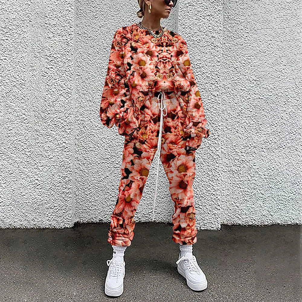 Casual Jogger Suit Tracksuit Sweatshirt Hoodie Sets Fashion Woman Floral Print Pullover And Pants