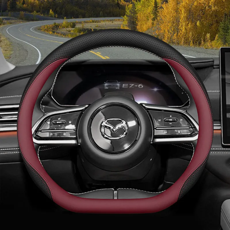 Nappa Leather Car Steering Wheel Cover For Mazda 6 CX‑30 CX‑5 CX‑50 CX‑60 MX‑5 CX4 15Inch All Seasons Steering Wheel Protector