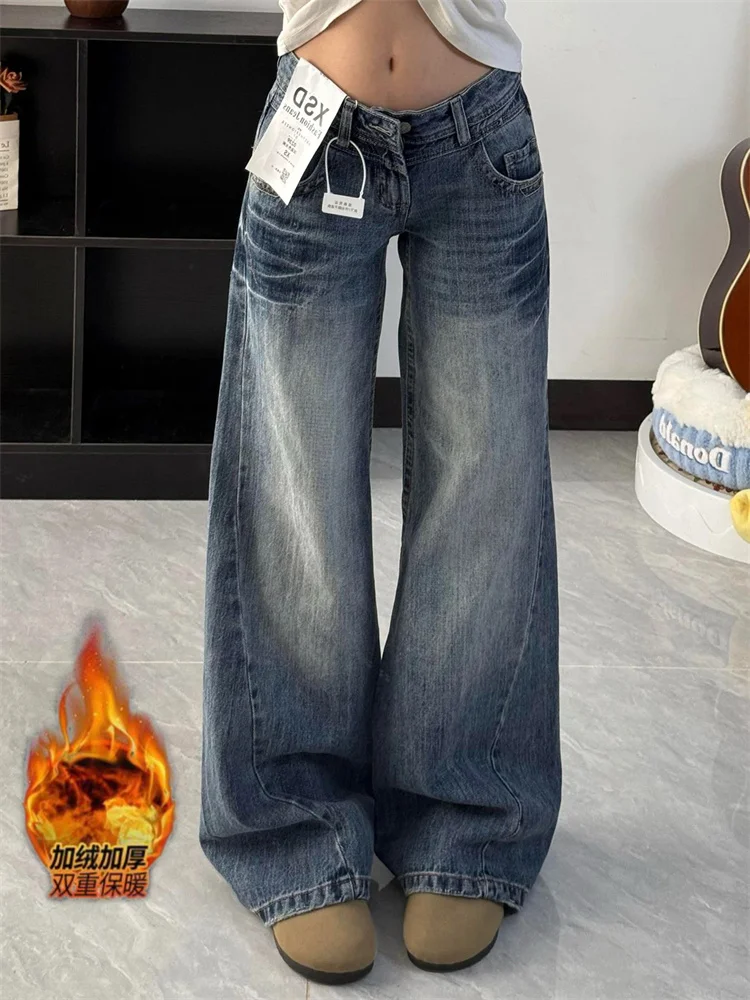 

Джинсы женские на флисовой подкладке с низкой посадкой, осенне-зимние, из выстиранного денима, в американском винтажном стиле, широкие брюки свободного кроя, облегающий силуэт