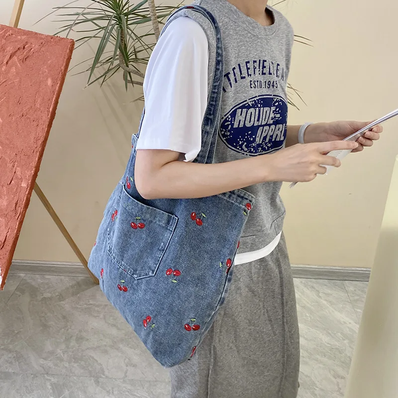 Cute Cherry Embroidery Women's Shoulder Bag Soft Denim Female Commute Shopping Bags Large Capacity Ladies Retro Tote Handbag