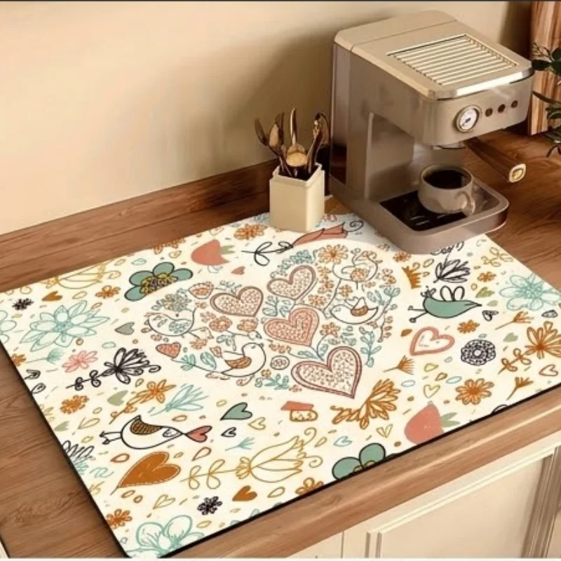 Newest Heart Bird Floral Diatom Mud Drying Mat, Quick Absorbing Drain Pad for Coffee Bar Kitchen Sink Dining Table