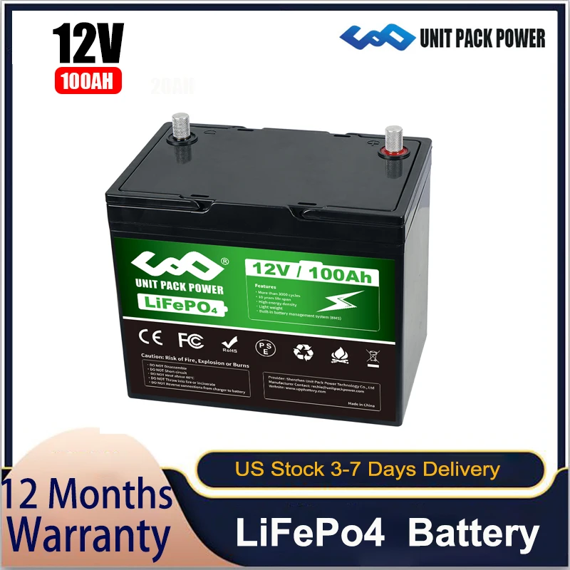 New 12V 100Ah LiFePo4 Battery Pack Capacity Rechargeable Lithium Iron Phosphate Batteries Up to 4000 Cycles Built-in BMS