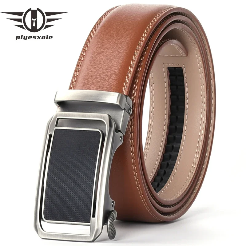 Plyesxale Automatic Buckle Mens Belt Leather Brown Black Coffee High Quality Men Dress Belt Luxury Ceinture Marron Homme B78