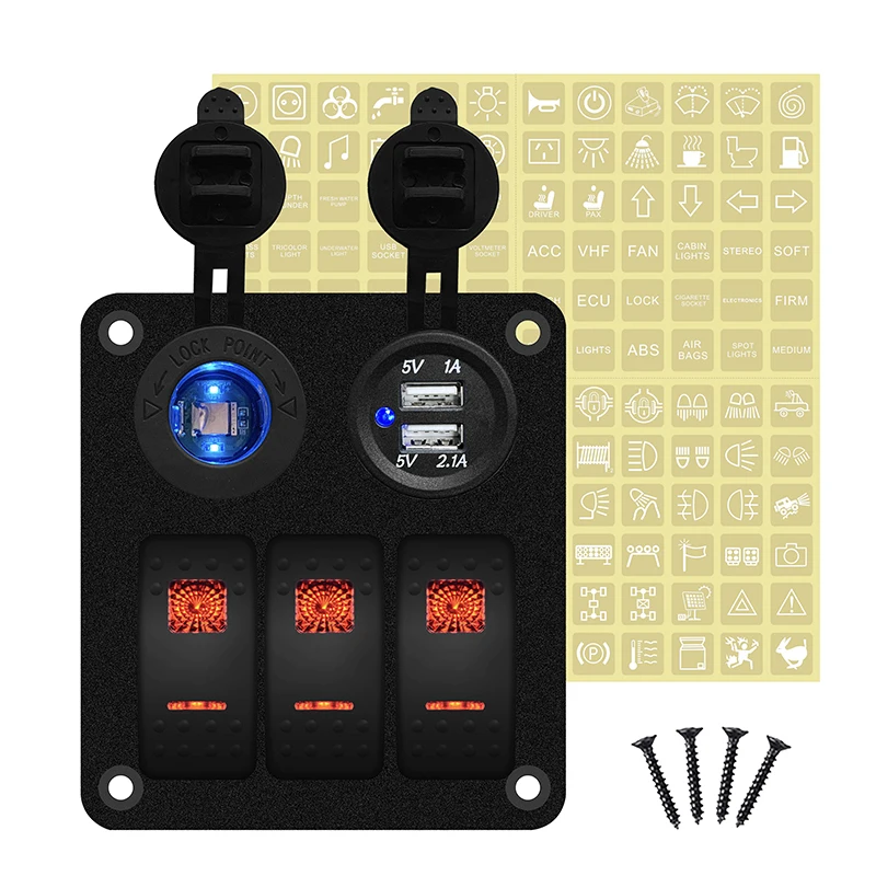 

12V/24V 3 Gang Rocker Switch Panel SPST ON OFF Latching Toggle Switch + Dual USB Panel For Car Marine Camper Caravans UTV ATV