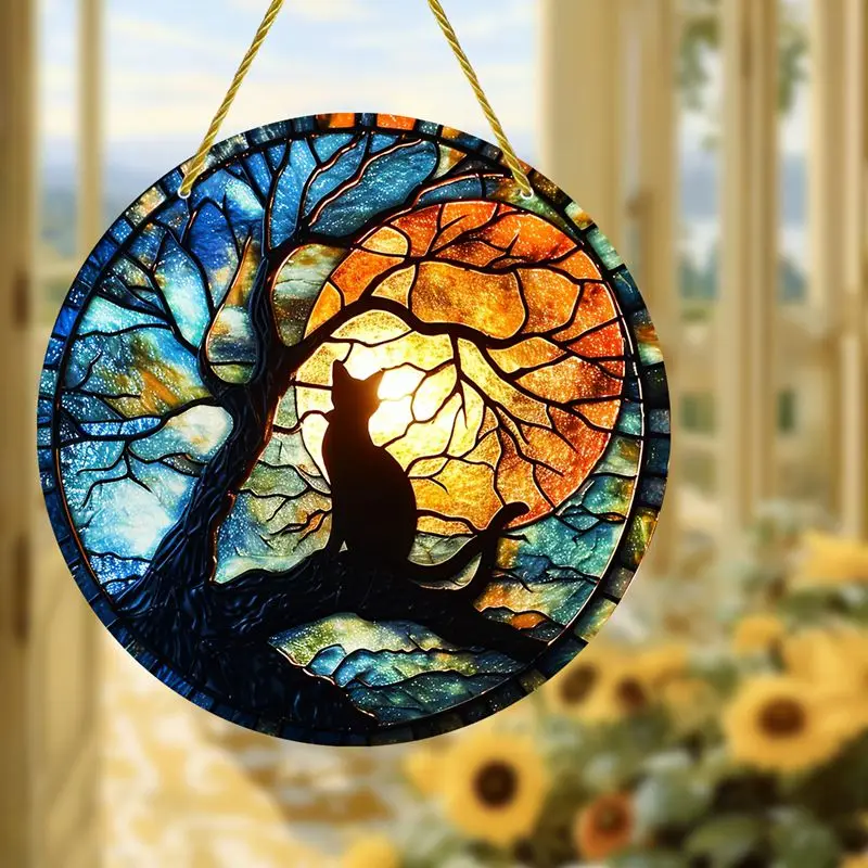 Black Cat Window Hangings Suncatcher Round Stained Acrylic Pendant for Home Garden Yard Wall Art Decoration Car Gifts Ornament