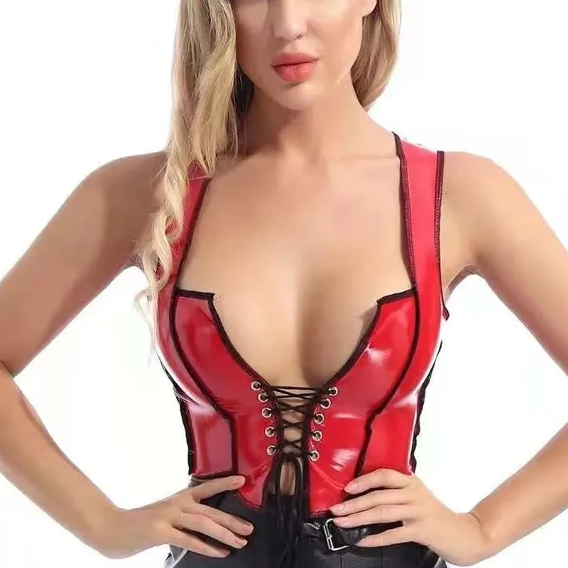 Diepe V-hals Rode Spiegel Glanzend Leer Crop Tops Strak Vest Trekkoord Vastbinden Jarretel Korset Hol Bustier Cropped Gothic