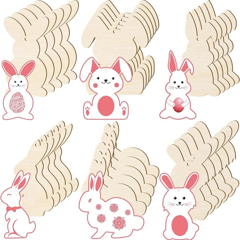 

72PCS Easter Wood Bunny Cutouts Set Unfinished Wooden Rabbit Cutouts Blank Bunny Shape Slices Hanging Ornament Craft Tags Set