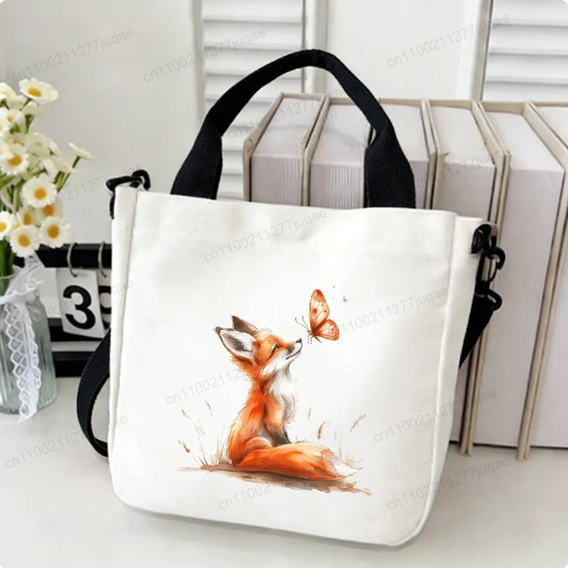 Cartoon Kawaii Fox-Anime Canvas Shoulder Bag Women's Novelty Creative Tote Bag Casual Light Handbags Shopping Bag Totes Gifts