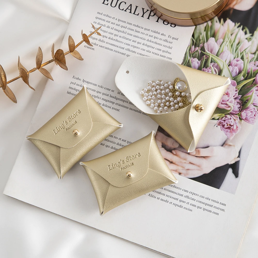 

50/100Pcs Personalized Gold 7x5cm Jewelry Leather Bag Ring Stud Earrings Bracelet Pendant Coin Organizer Pouch Gift Storage Pouc