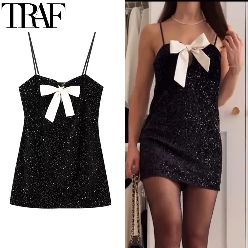 TRAF Slip Women's Dress Sleeveless Sequin Dress Women Butterfly Knot Glitter Mini Dress Backless Sexy Short Party Dresses Woman