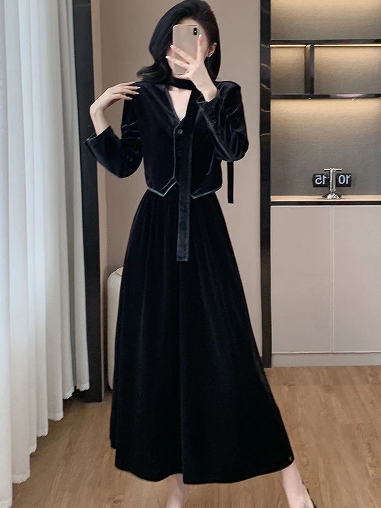 Fashion Vintage Autumn Elegant Suits Women Black Velvet Crop Tops + High Waist A-Line Long Skirts Office Lady Two Pieces Sets