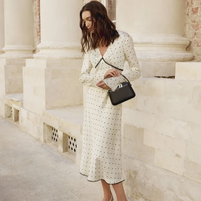 Elegant High-Waisted Polka Dot Satin Dress for Women