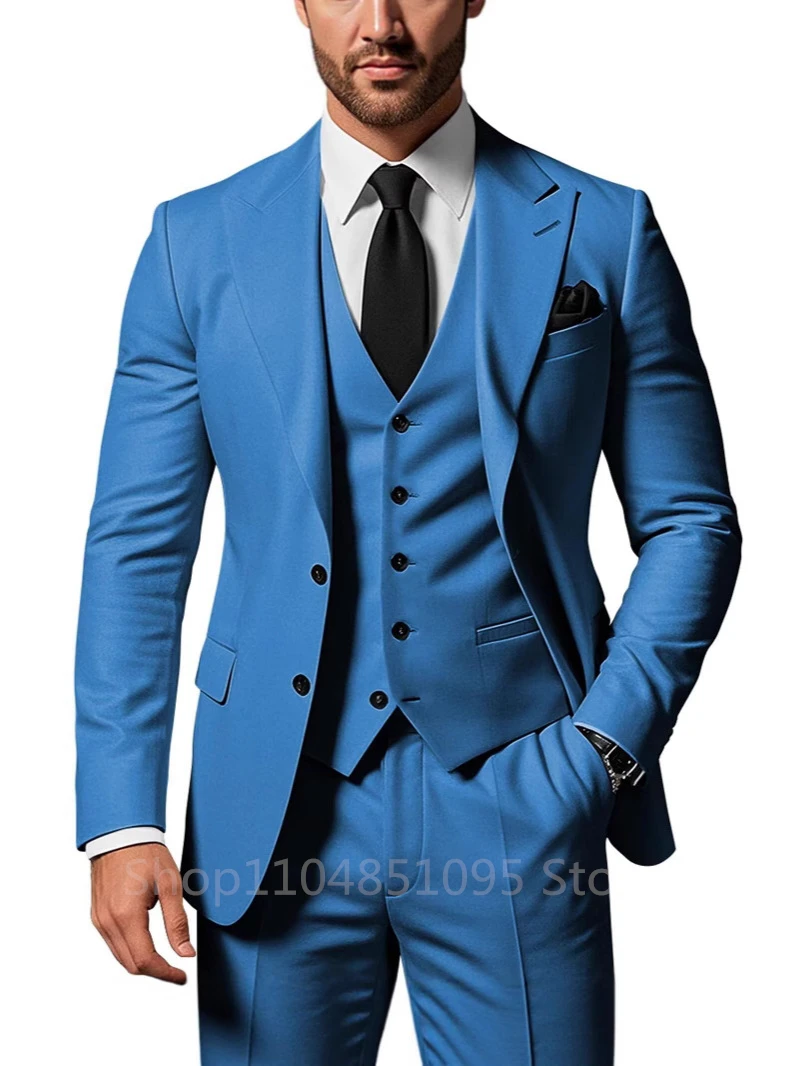 NONE 3-teiliges, solides Hochzeits-Herrenanzug, formeller Bräutigam, Smoking, Abschlussball, Party, männliche Anzüge, modisches Herren-Kleidungsset, spitzes Revers, Jacke, Hose, Weste 4