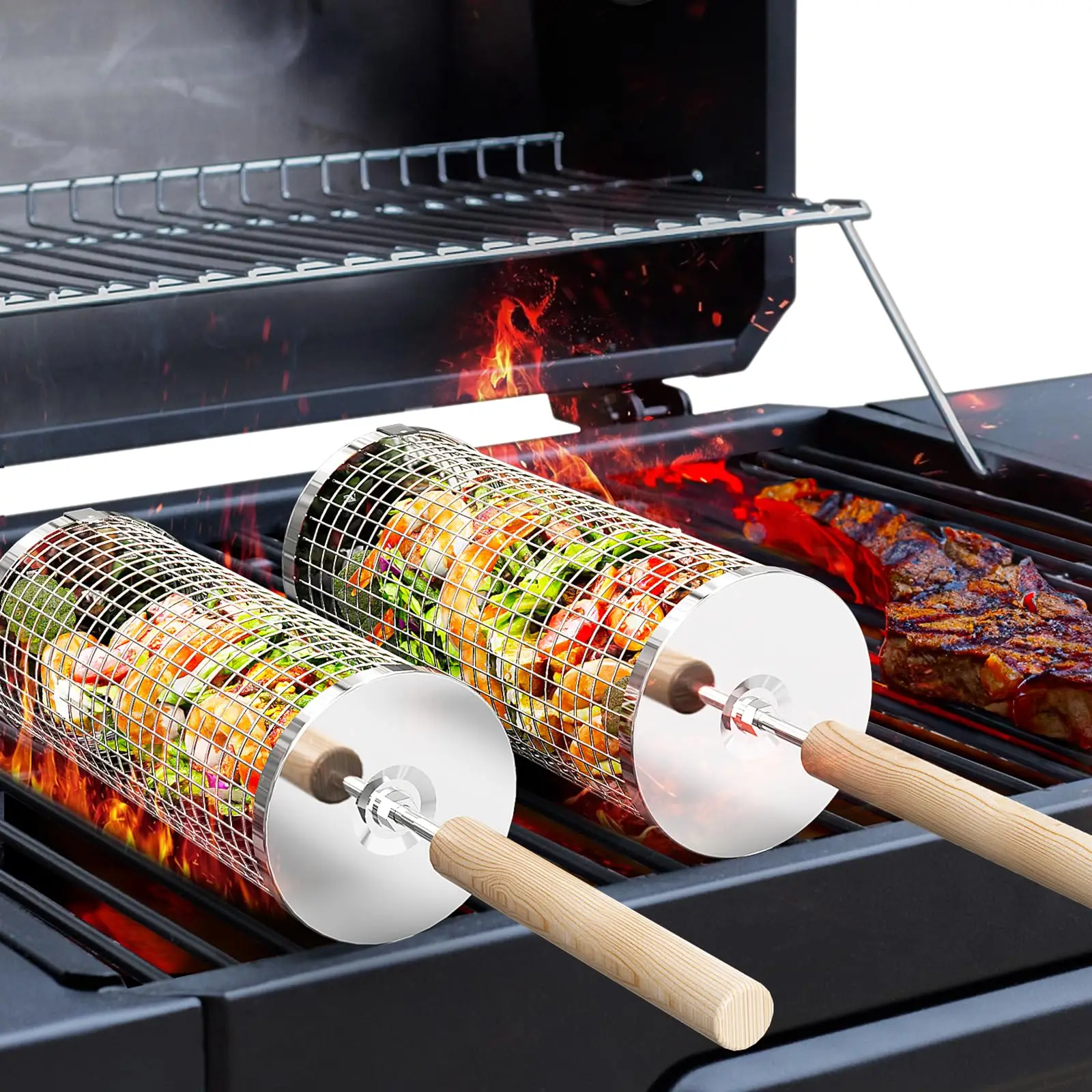 Detachable Wood Handle 304 Stainless Steel Nest BBQ Basket Camping Smoker Vegetable Grill Accessory Gift For Father Husband Men