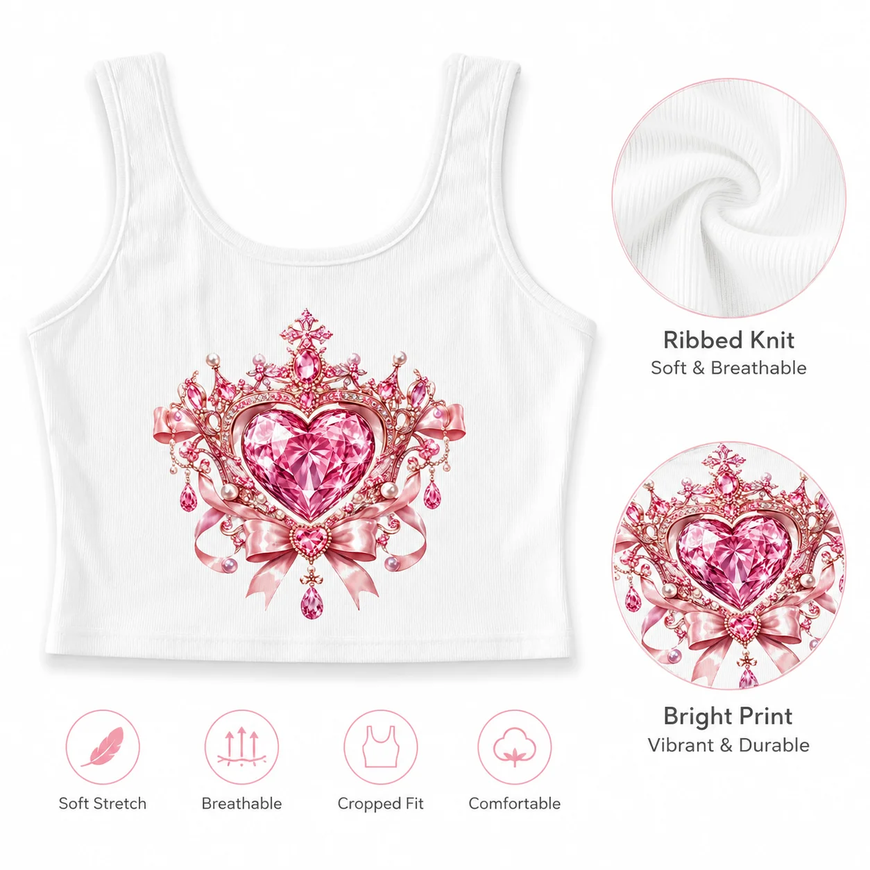 Women Ribbed Tank Top Camisole Summer Casual Pink Crystal Printed Graphics Strap Crop Tops Breathable Cool Shirt Sleeveless Vest