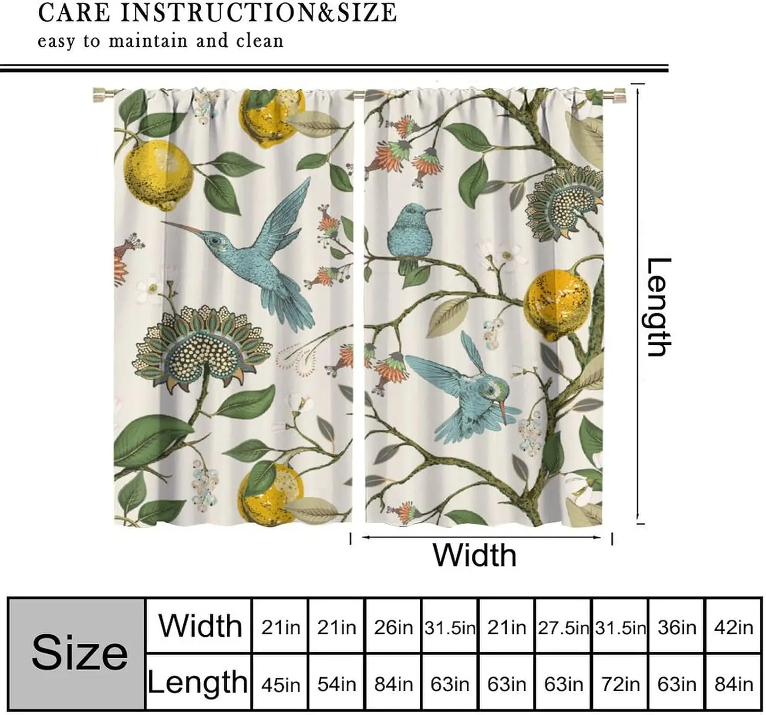 Hummingbird Lemon Print Curtains for Living Room Bedroom Window Decoration Vintage Home Textile