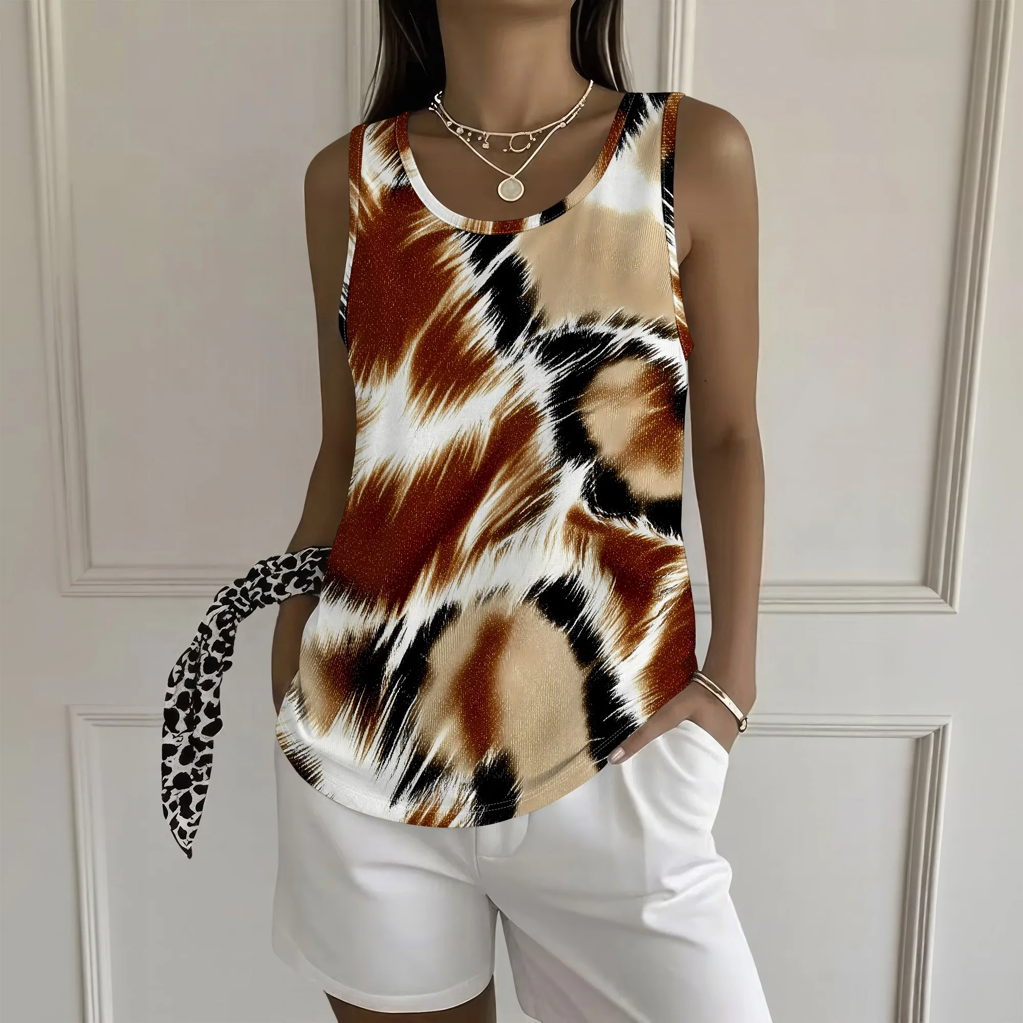 Leopard Print Tank Top, Abstract Animal Pattern Sleeveless Shirt, Casual Loose Fit Tee, Summer Vacation Beach Wear, S-2XL