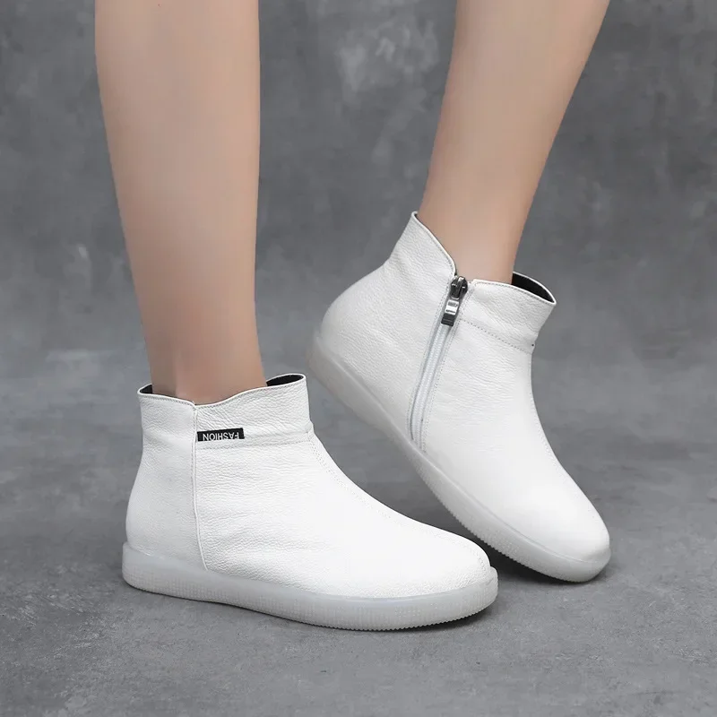 Botines de piel auténtica de vaca para mujer, botas cálidas de lana sin cordones para motocicleta, zapatos supercómodos de invierno, color blanco