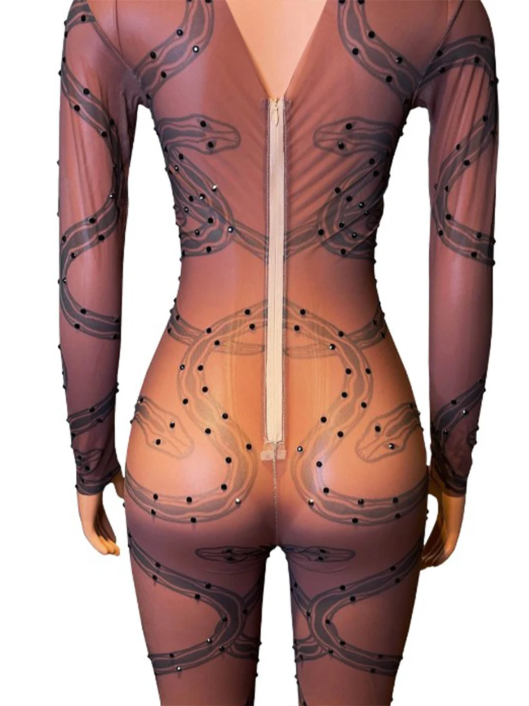High Quality Hot Stamping Sexy Perspective Mesh Printed Elastic Jumpsuit New Fashion Custom Women'S Bodysuit