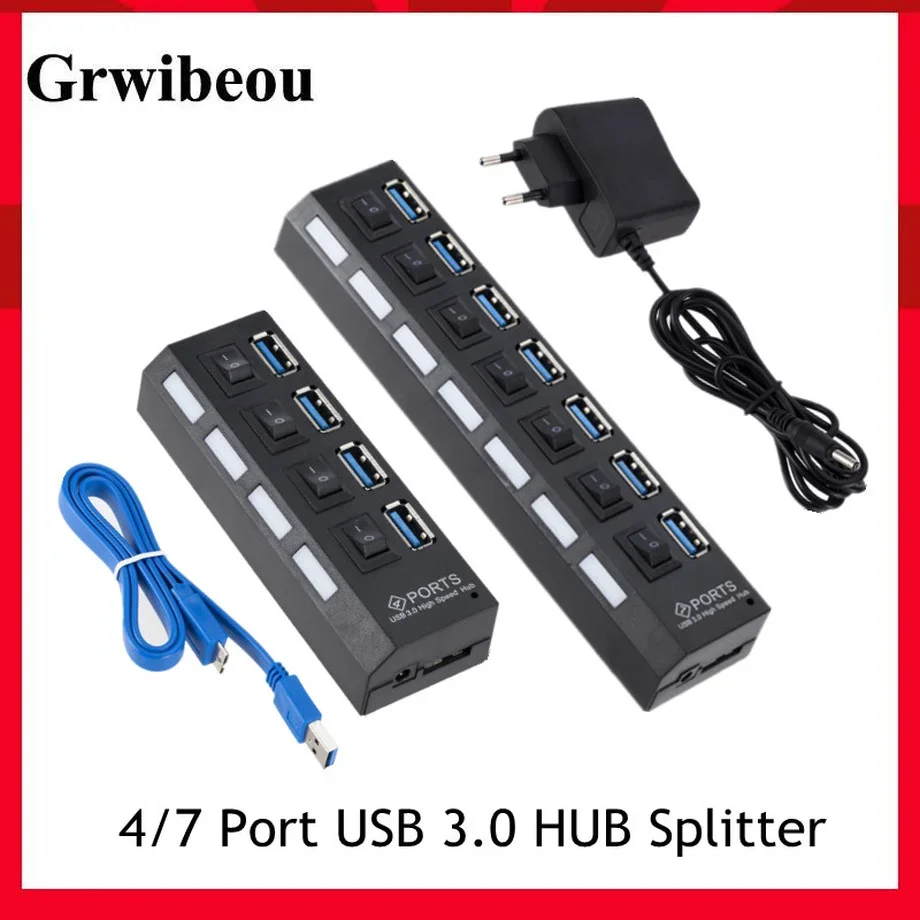 USB 2.0 Hub Multi USB Splitter Ports Hub Use Power Adapter 4/7 Port Multiple Expander Hub with Switch 30CM Cable For Home PC